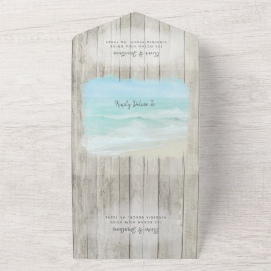 Rustikale Wood Destination Ocean Beach Hochzeit All In One Einladung (Außenbereich)