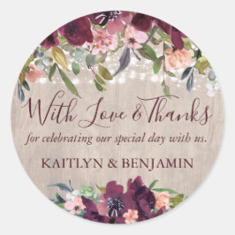 Rustikale Wood Floral Lights Hochzeit Liebe & Dank Runder Aufkleber