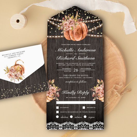 Rustikale Wood Floral Pumpkin Herbst Hochzeit im H All In One Einladung