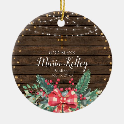 Rustikale Wood Girl-Taufe Keramik Ornament (Vorne)