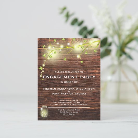 Rustikale Wood Mason String Lights Engagement Part Postkarte (Stehend Vorderseite)