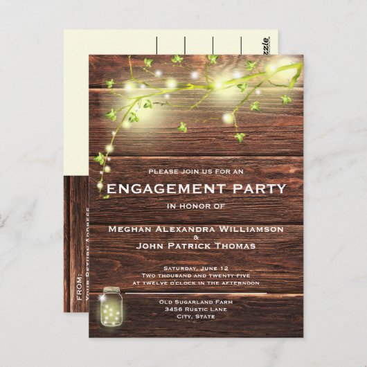 Rustikale Wood Mason String Lights Engagement Part Postkarte (Vorne/Hinten)