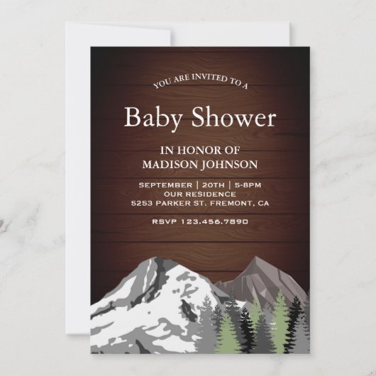 Rustikale Wood Mountain Forest Baby Dusche Einladung (Vorderseite)