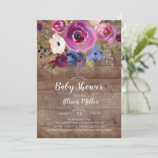 Rustikale Wood Pflaume Baby Dusche Einladung (Stehend Vorderseite)
