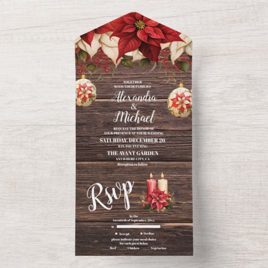 Rustikale Wood Poinsettia Weihnachtsfeier All In One Einladung (Innen Boden)