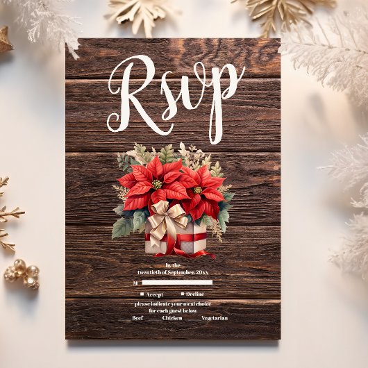 Rustikale Wood Poinsettia Weihnachtsfeier RSVP Karte