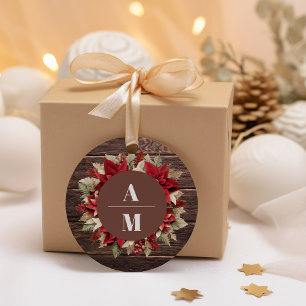 Rustikale Wood Poinsettia Weihnachtsfeier Runder Aufkleber