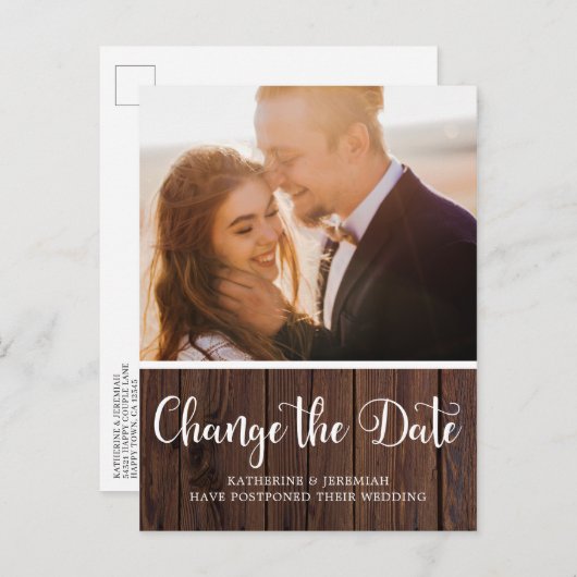 Rustikale Wood Script Hochzeit Postkarte (Vorne/Hinten)