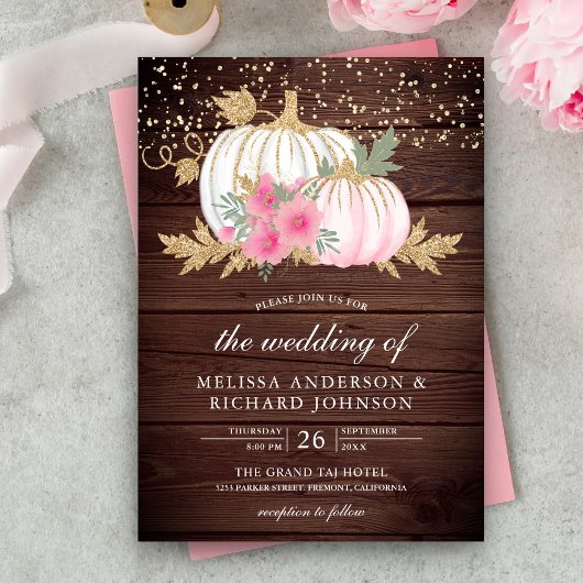 Rustikale Wood White Pumpkin Pink Floral Hochzeit  Einladung