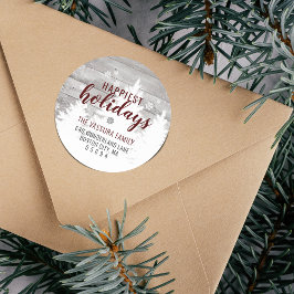 Rustikale Wood Winter Tree Burgund Rücksendeadress Runder Aufkleber