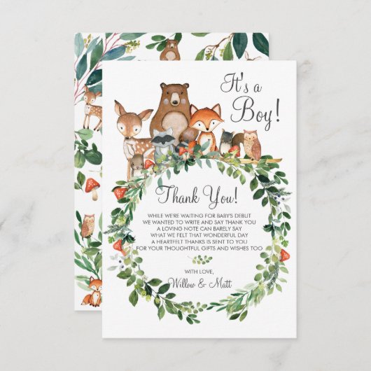 Rustikale Woodland Animals Baby Dusche Neutral Boy Dankeskarte (Vorne/Hinten)