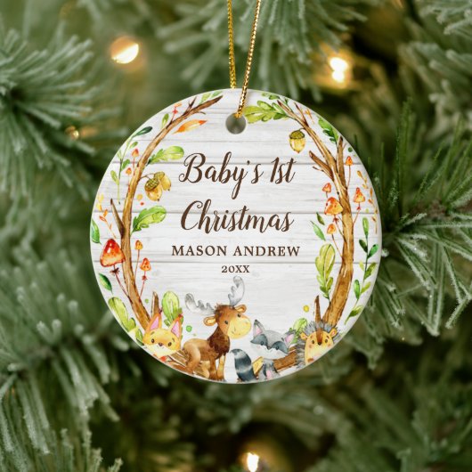 Rustikale Woodland Animals Baby's First Christmas Keramik Ornament (Baum)