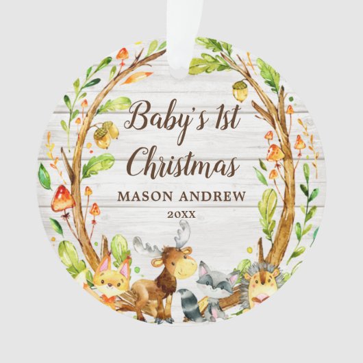Rustikale Woodland Animals Baby's First Christmas Ornament (Vorderseite)