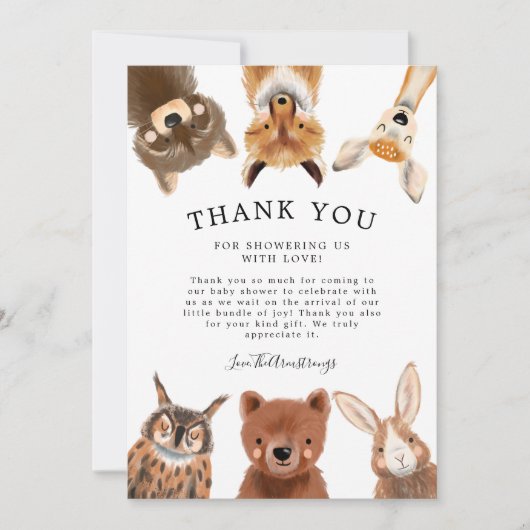 Rustikale Woodland Animals Kinderdusche Dankeskarte (Vorderseite)