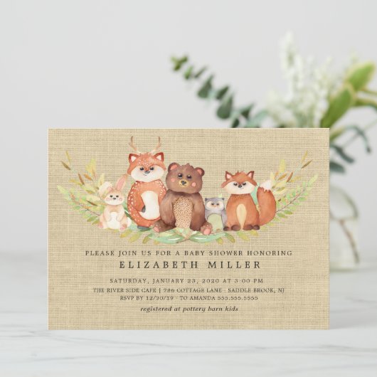 Rustikale Woodland Animals Kinderdusche Einladung (Stehend Vorderseite)