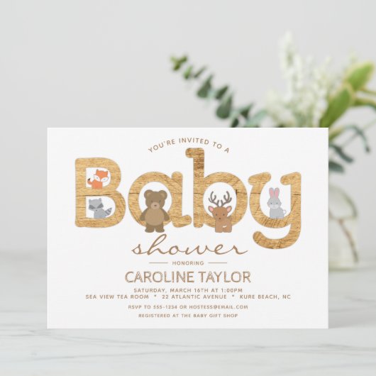 Rustikale Woodland Animals Kinderdusche Einladung (Stehend Vorderseite)