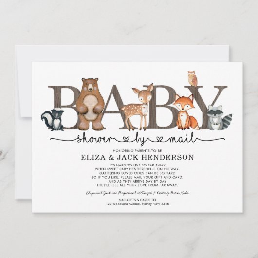 Rustikale Woodland Animals Kinderdusche per Post Einladung (Vorderseite)