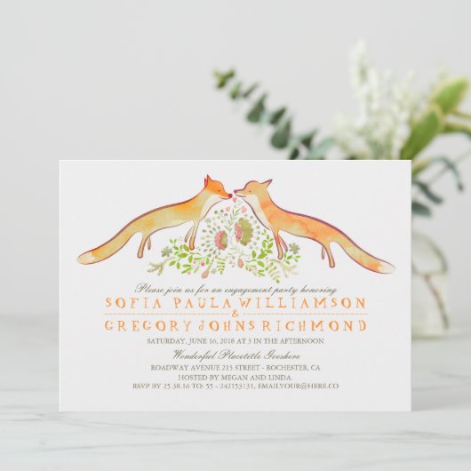 Rustikale Woodland Fox-Engagement-Partei Einladung (Stehend Vorderseite)