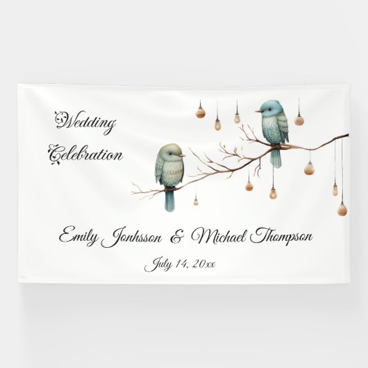 Rustikale Woodland Love Birds Romantische Hochzeit Banner (Horizontal)