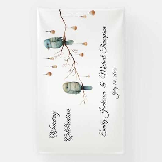 Rustikale Woodland Love Birds Romantische Hochzeit Banner (Vertikal)
