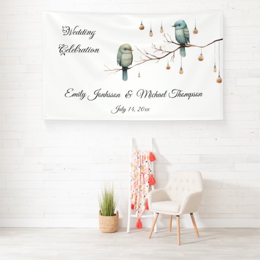Rustikale Woodland Love Birds Romantische Hochzeit Banner (Insitu)