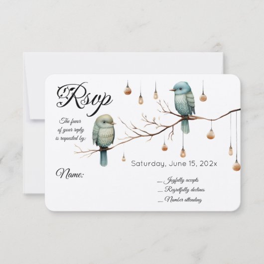 Rustikale Woodland Love Birds Romantische Hochzeit RSVP Karte (Vorderseite)