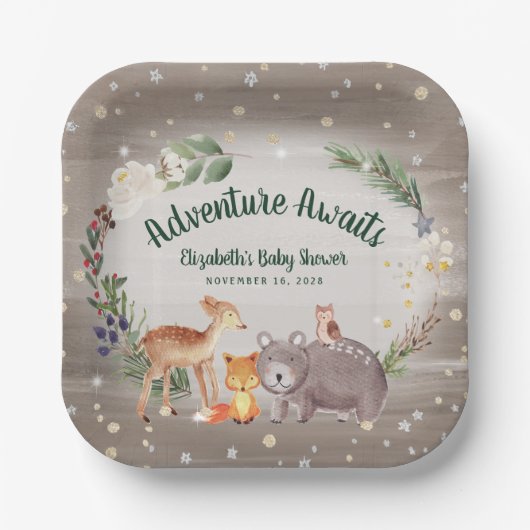 Rustikale Woodland-Tiere Winter Baby-Dusche Pappteller (Vorderseite)
