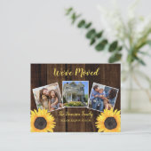 Rustikale Woodsy-Sonnenblume Wir haben bewegtes Fo Ankündigungspostkarte (Stehend Vorderseite)