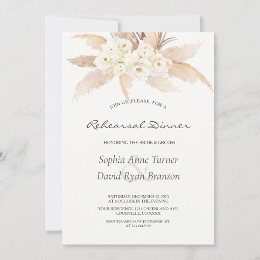 Rustikale Wüste Rose Pampas Grass Probe Abendessen Einladung (Vorderseite)