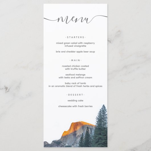 Rustikale Yosemite Halbkuppel Sonnenuntergang Hoch Menükarte (Vorderseite)