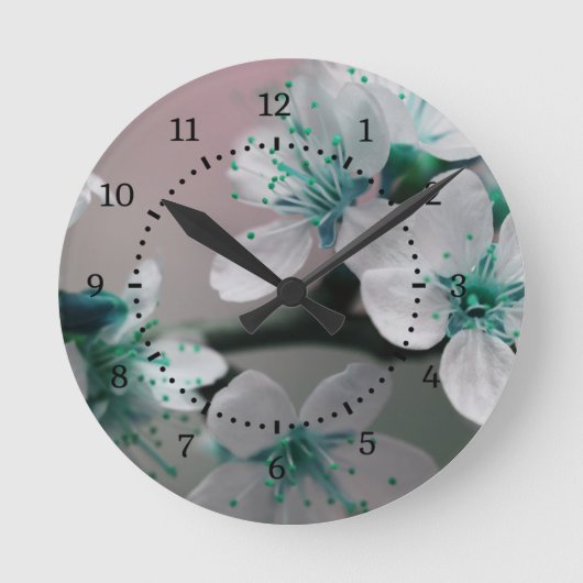 Rustikale zeitgenössische Aquamarine Blume Runde Wanduhr (Vorderseite)