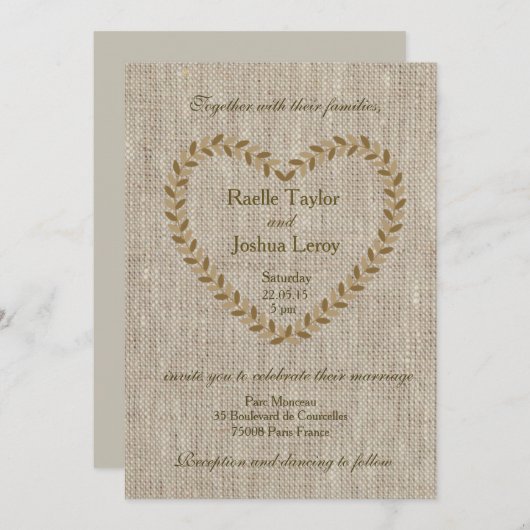 Rustikale Zen-Burlap Herz taupe Hochzeit Einladung (Vorne/Hinten)