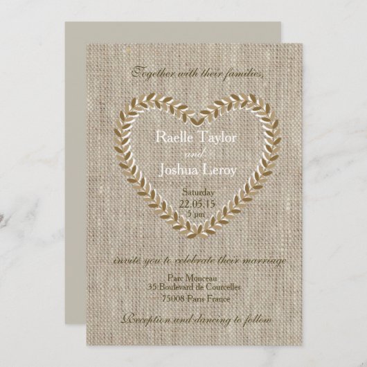 Rustikale Zen-Burlap Herz taupe Hochzeit Einladung (Vorne/Hinten)