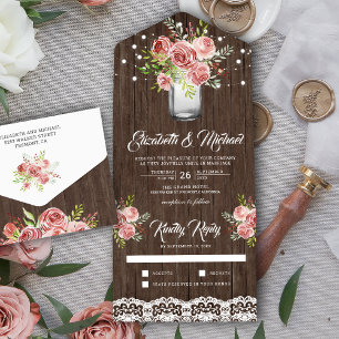 Rustikale Zimt-Rosen-Blumen-Mason-Glas-Holz-Hochze All In One Einladung