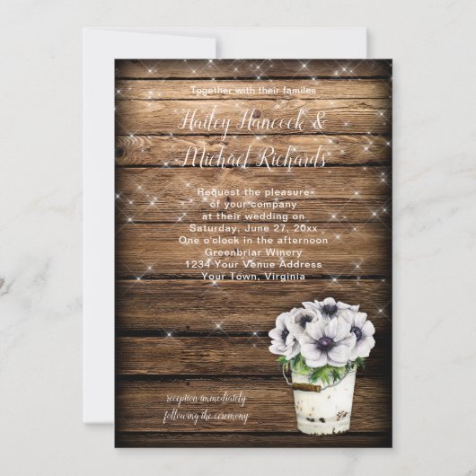 Rustikale Zinn-Eimer-Anemone-Glitzern Einladung (Vorderseite)