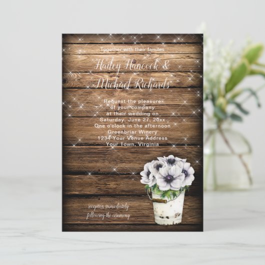 Rustikale Zinn-Eimer-Anemone-Glitzern Einladung (Stehend Vorderseite)
