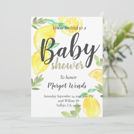 Rustikale Zitronenfrüchte Hochzeitsbabydusche einl Einladung (Stehend Vorderseite)