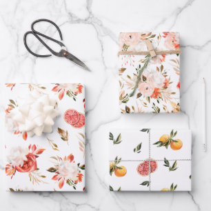Rustikale Zitrus-Blumen-Watercolor-Dreierpackung Geschenkpapier Set