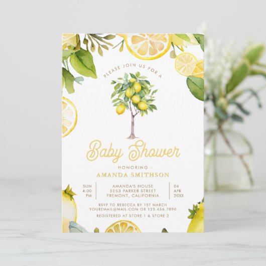Rustikale Zitrus Zitronenbaum Babydusche Einladung (Stehend Vorderseite)