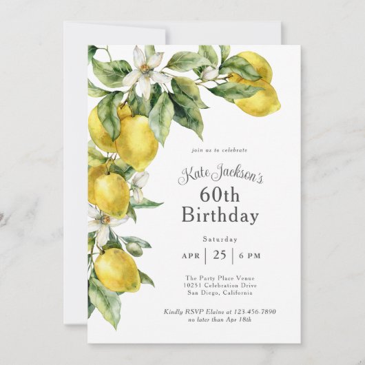 Rustikale Zitrusfrüchte Wasserfarben Zitronen 60.  Einladung (Vorderseite)