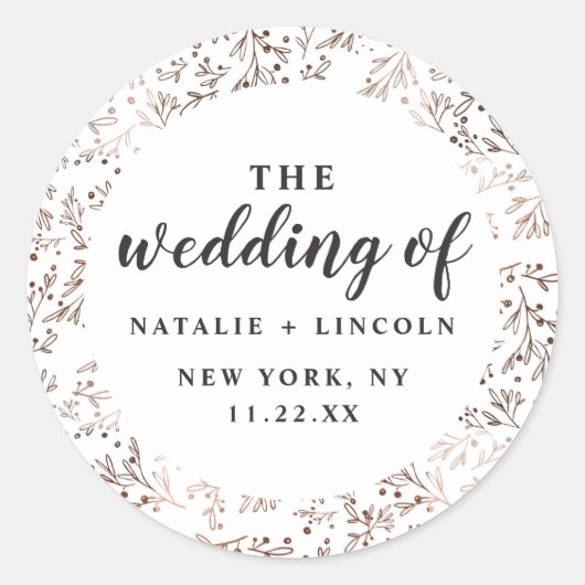 Rustikale Zweige Kupfer-Folien Herbst Hochzeit im Runder Aufkleber (Vorderseite)