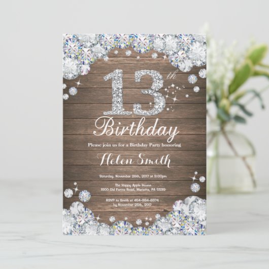 Rustikaler 13. Geburtstag Silver Diamond Einladung (Stehend Vorderseite)