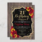 Rustikaler 21. Geburtstag - Rose Sonnenblumen Holz Einladung (Vorne/Hinten)
