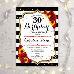 Rustikaler 30. Geburtstag - Sonnenblumen Rose Stre Einladung<br><div class="desc">Einladung zum 30. Geburtstag. Elegantes Design mit Sonnenblumen,  rote Rosen,  Imitaten Glitzer Gold und schwarz-weiße Streifen. Features stilvolle Skript-Schriftart und Konfetti. Ideal für eine elegante Geburtstagsfeier. Passen Sie Ihre persönlichen Daten an.</div>