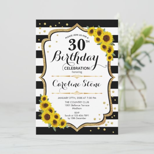 Rustikaler 30. Geburtstag - Sonnenblumen Streifen Einladung (Stehend Vorderseite)