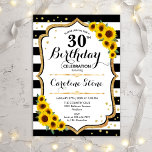 Rustikaler 30. Geburtstag - Sonnenblumen Streifen Einladung<br><div class="desc">Einladung zum 30. Geburtstag. Elegantes Design mit Sonnenblumen,  Imitaten Glitzer Gold und schwarz-weiße Streifen. Features stilvolle Skript-Schriftart und Konfetti. Ideal für eine elegante Geburtstagsfeier. Passen Sie Ihre persönlichen Daten an.</div>