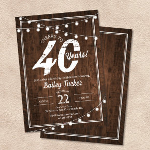 Rustikaler 40. Geburtstag mit String Lights Party Einladung