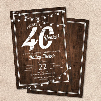 Rustikaler 40. Geburtstag mit String Lights Party Einladung