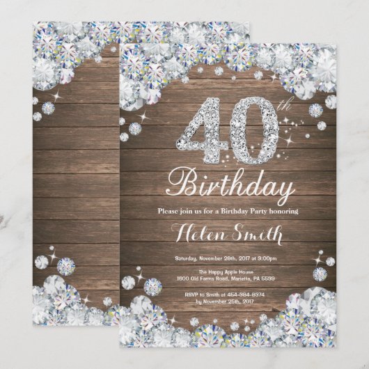Rustikaler 40. Geburtstag Silver Diamond Einladung (Vorne/Hinten)