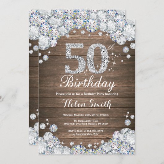 Rustikaler 50. Geburtstag Silver Diamond Einladung (Vorne/Hinten)